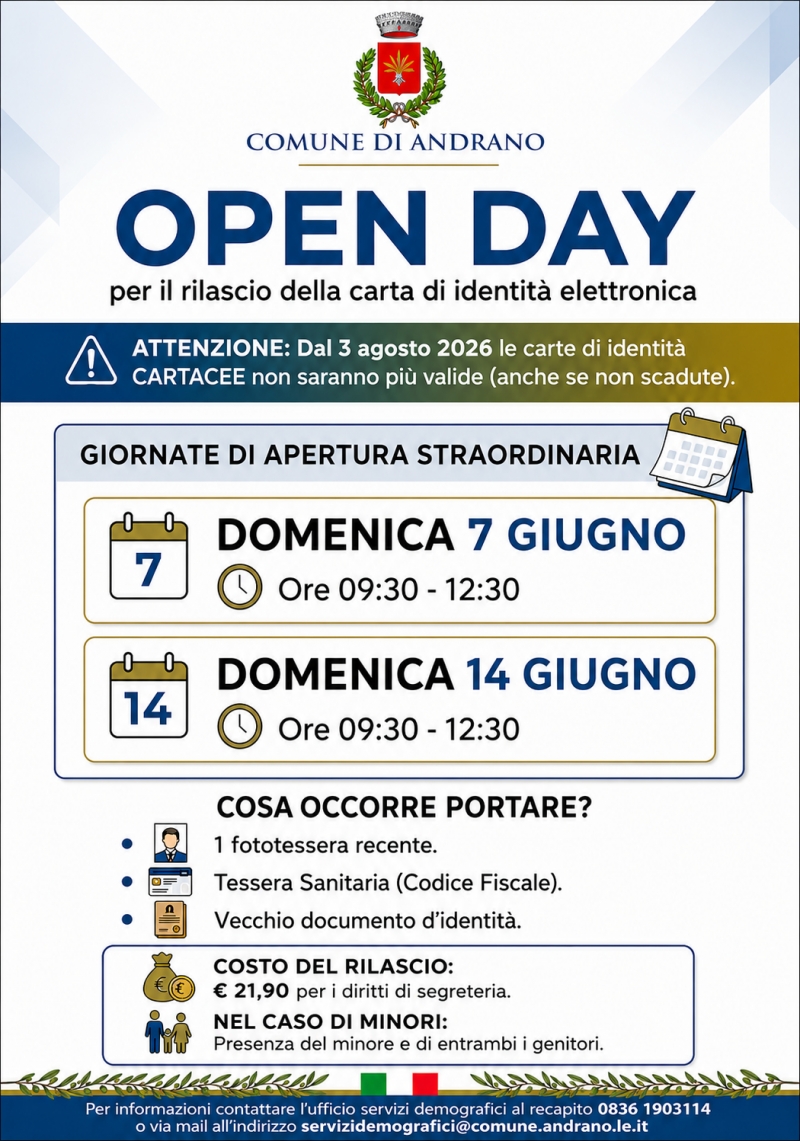 Giornate di apertura straordinaria per il rilascio delle carte di identit�