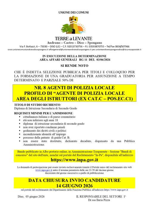 Selezione pubblica per titoli e colloquio per l �assunzione a tempo determinato e parziale di n. 8 agenti di polizia locale per esigenze temporanee e stagionali