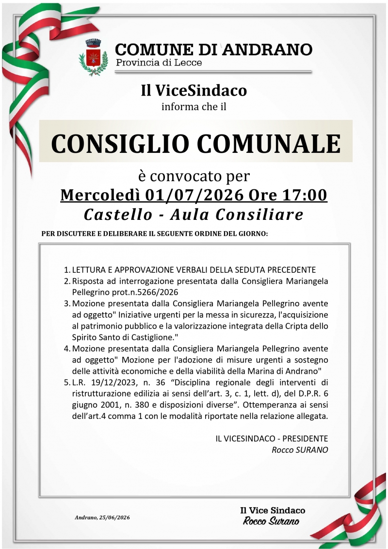 Convocazione Consiglio Comunale per il giorno 1 luglio 2026