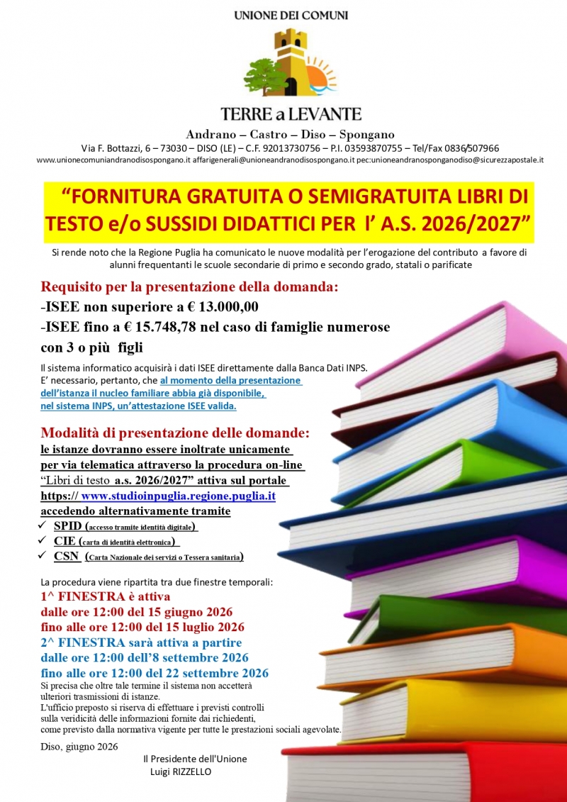 Fornitura gratuita o semigratuita libri di testo e/o sussidi didattici per l\'A.S. 2026/2027