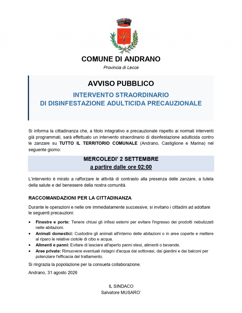 Intervento straordinario di disinfestazione adulticida precauzionale mercoled� 3 settembre - PRECAUZIONI DA ADOTTARE
