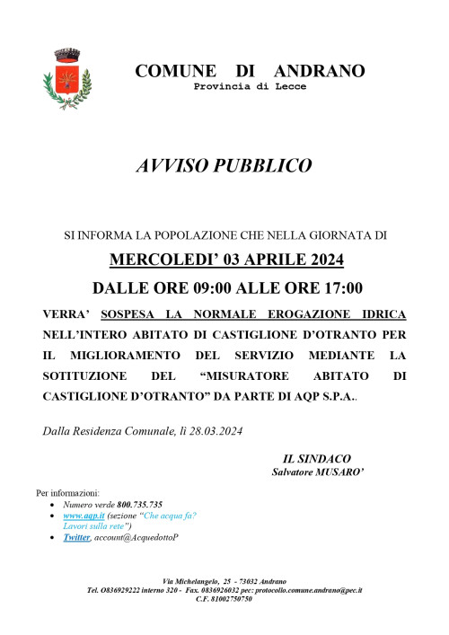 AVVISO PUBBLICO: MERCOLEDI’ 03 APRILE 2024 DALLE ORE 09:00 ALLE ORE 17:...